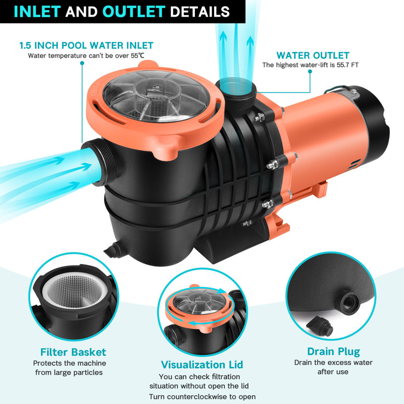 Arlmont & Co. 1.5 HP High Flow Dual Voltage Pool Pump with Strainer Basket Wayfair